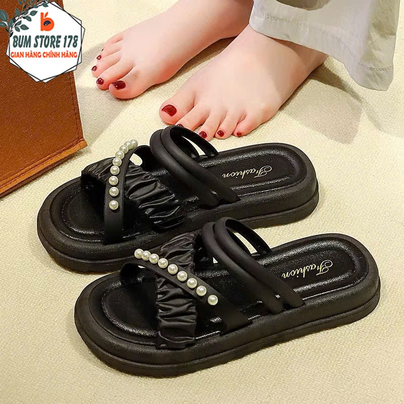 Dép Nữ Sandal Hạt Ngọc Quai Chéo Hot Trend, Dép Nữ Kiểu Đi Chơi Phong Cách Đế Cao Chống Trượt