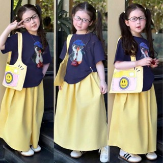 Sét CV Vàng Kèm Túi, Áo Thun Bé Gái, Chân Váy Cho Bé Gái Dáng Dài, Áo Cộc Tay Chất Cotton Mềm Mịn Thoải Mái Từ 8-35kg