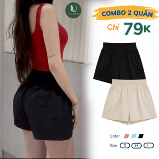 Combo 2 Quần Short Đùi Nữ Phồng Ống Rộng Cạp Chun Cao Màu Xanh Than Vải Kaki Cotton Thoáng Mát-QS001