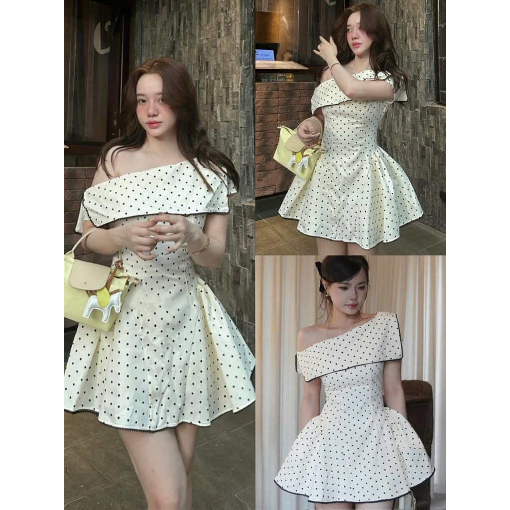 [SAU TẾT TRẢ] VÁY CHẤM BI LỆCH VAI VIỀN REN DÁNG TÙNG XÒE TIỂU THƯ ĐẦM CHẤM BI VẠT LỆCH DÁNG NGẮN ĐIỀU ĐÀ | BigBuy360 - bigbuy360.vn