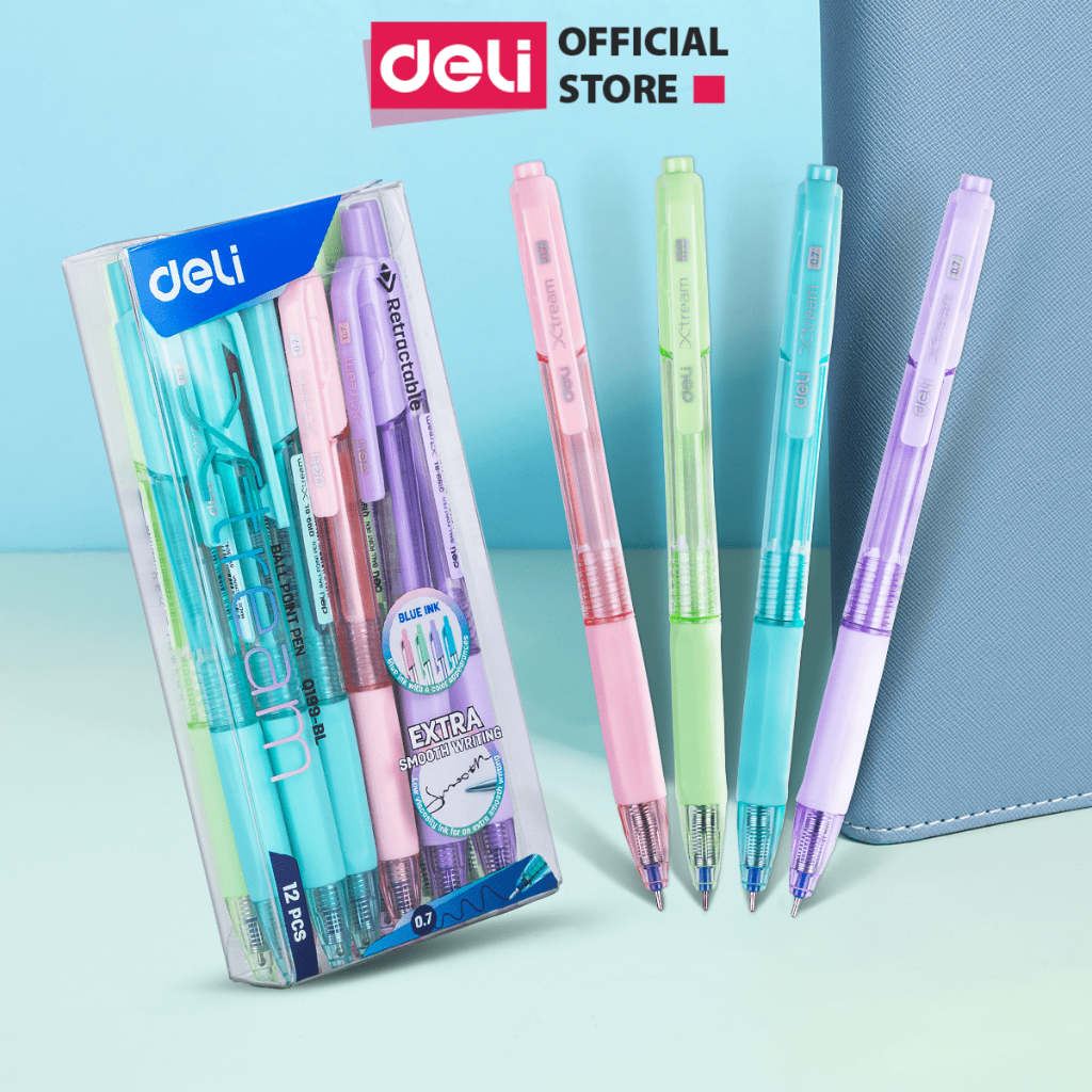 Combo 5/12 Bút Bi Mực Xanh Pastel Deli Nét Viết Đều Thiết Kế Đệm Tay Chống Trượt Phù Hợp Cho Học Sinh