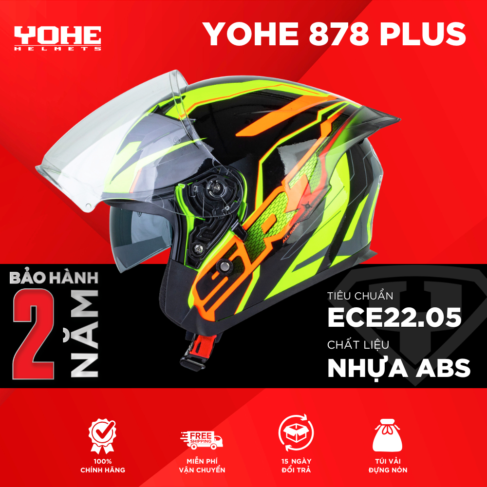 Mũ Bảo Hiểm 3/4 Hai Kính YOHE 878 Plus Đuôi Gió Chuẩn ECE22.05 Châu Âu