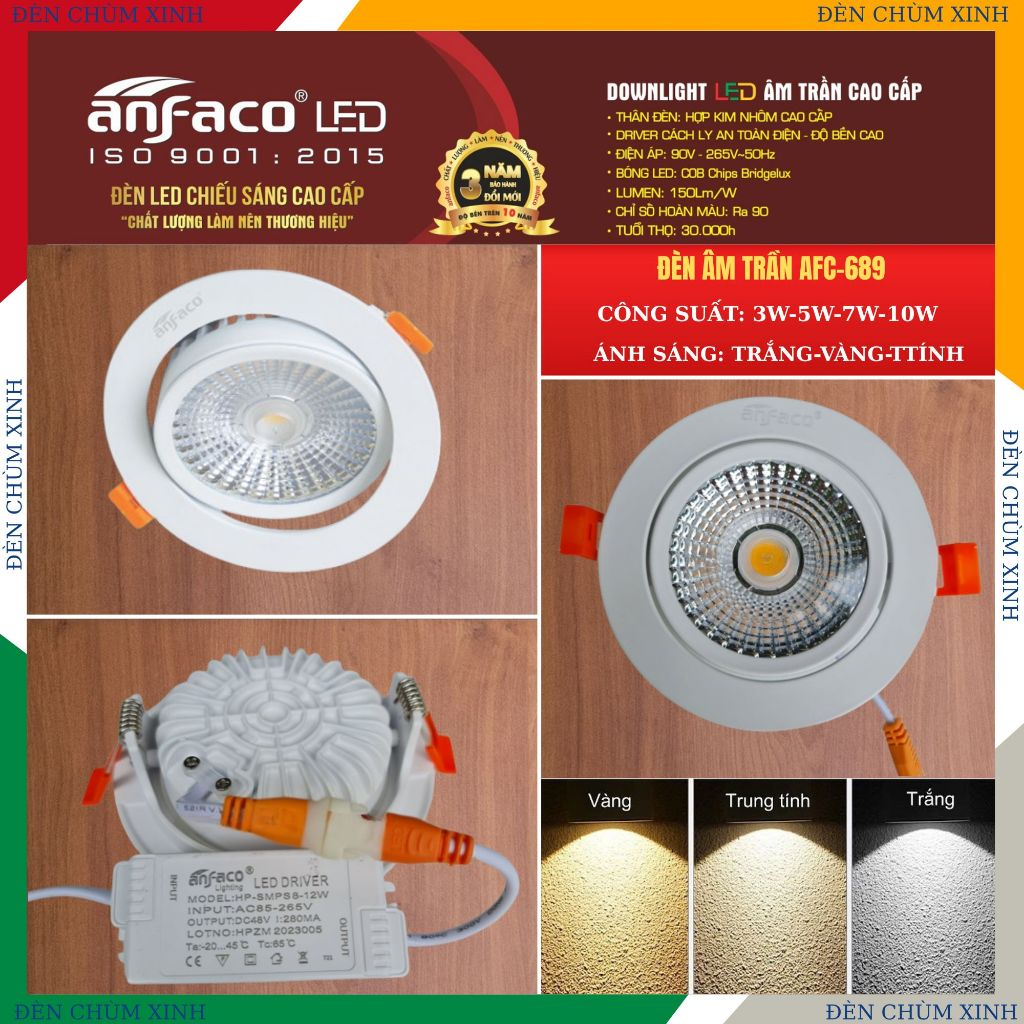 [ĐÈN CHÙM XINH ]Đèn âm trần, đèn led downlight điều chỉnh góc chính hãng(0526) ANFACO AFC-689/3W/5W/