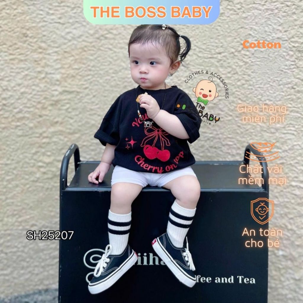 Bộ quần áo cherry đen phối legging trắng BG - Vải cotton co giãn 4 chiều - Thương hiệu The Boss Baby