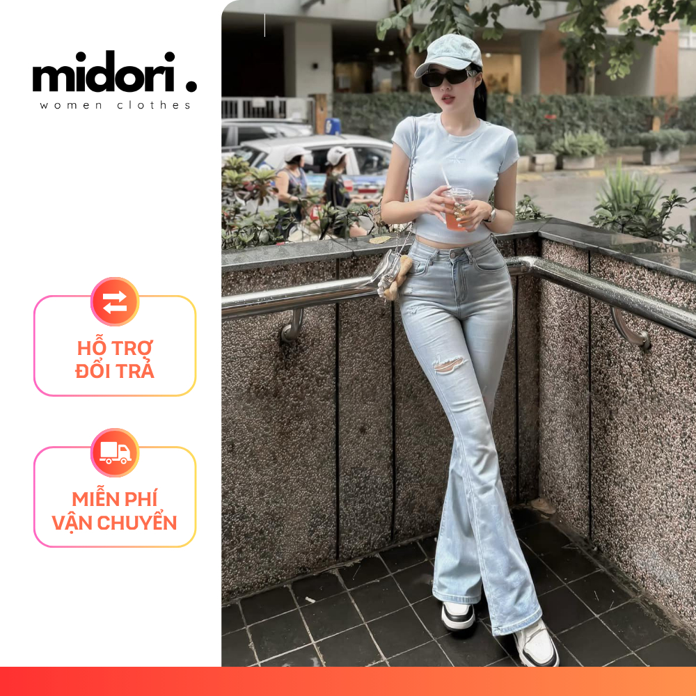 Quần Jean Nữ Ống Loe Rách Nhẹ Quần Bò Nữ Lưng Cao Cá Tính Phong Cách Idol Hàn Midori Shop S038