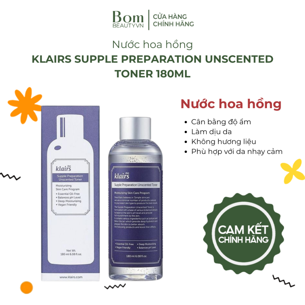 Nước Hoa Hồng Không Mùi Dành Cho Da Nhạy Cảm Klairs Supple Preparation Unscented Toner 180ml BOM BEA