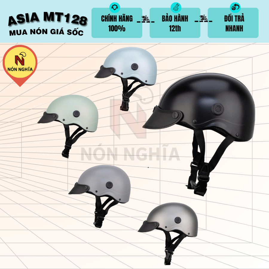 Mũ Bảo Hiểm Lưỡi Trai Asia MT-128B Hợp Nam Nữ, Nón Bảo Hiểm Nửa Đầu Chính Hãng Asia BH 12 Tháng