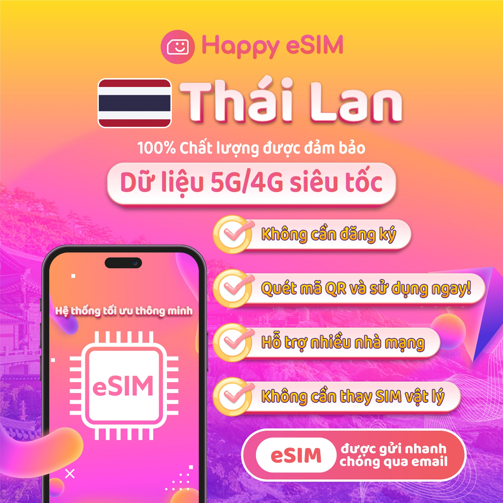 Happyesim eSIM Thái Lan | Gói dung lượng 10GB–50GB | Gửi QR qua email