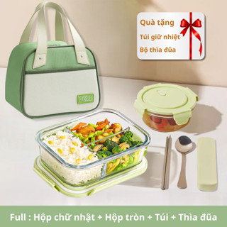 Bộ hộp cơm Thủy tinh cao cấp quay được trong lò vi sóng - Tặng kèm túi và thìa đũa