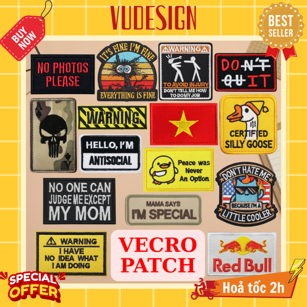 Sticker VELCRO Dán, Patch Silicon Nhựa Dán Lột Băng Dính Gai, Khoá Nhám Gắn Balo, Túi, Mũ Vudesign