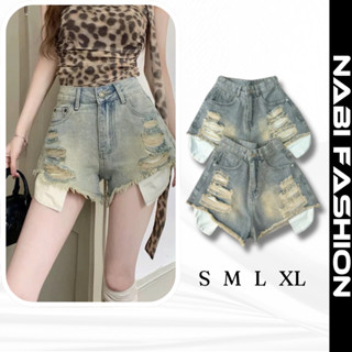 Quần Short Jean Đùi Nữ Lưng Cao Rách 6 Mảng Lộ Túi Cá Tính -Quần Bò Short NABI Fashion Trắng Đen XámXanh Lai Tua [NB221]