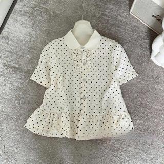   PB.HAVANA  Áo kiểu LUMI babydoll họa tiết bi phối cổ bèo và cúc ngọc AO621 