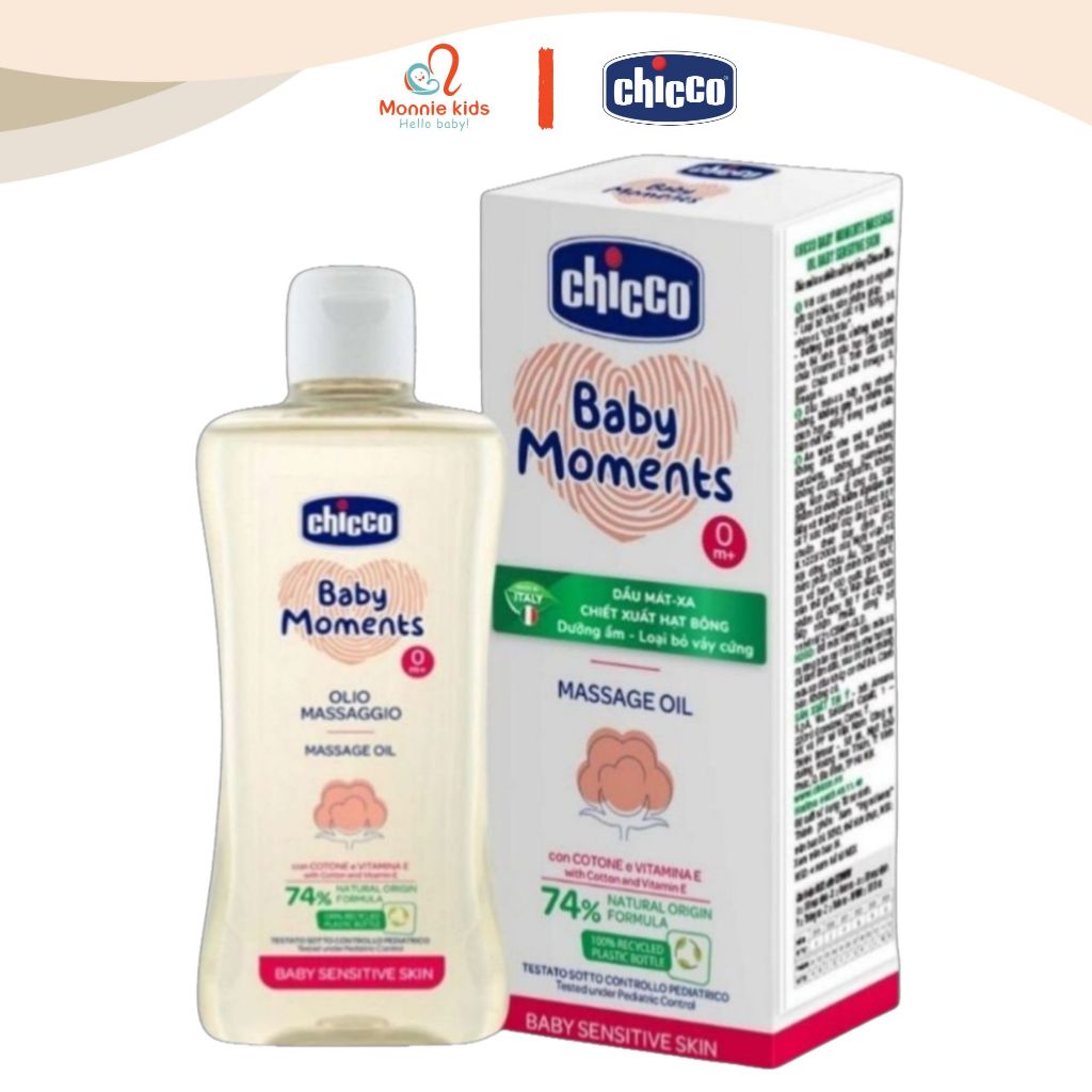 Dầu massage Chicco chiết xuất hạt bông cho bé sơ sinh 200ml, dầu mát-xa body dưỡng da - Monnie Kids