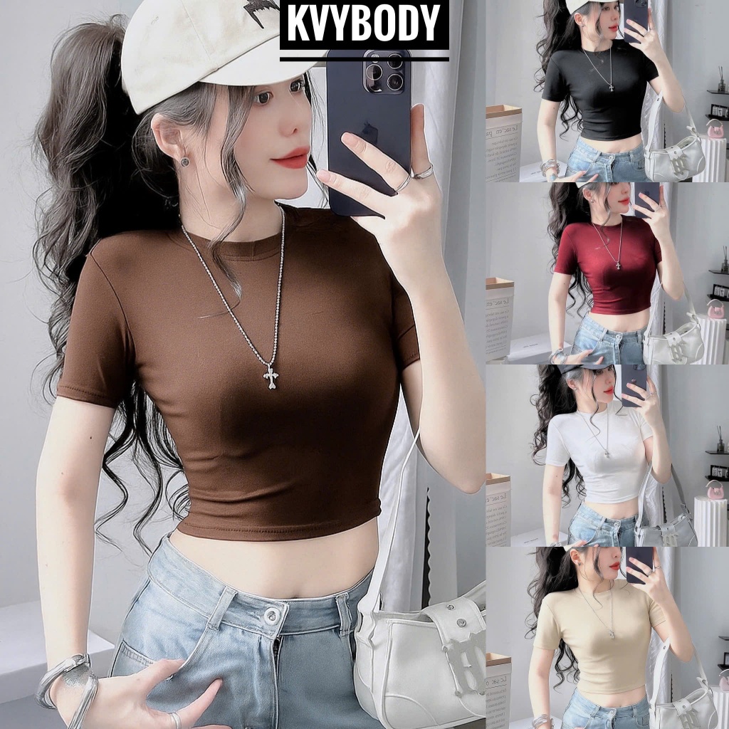Áo croptop tay ngắn KVYBODY A2 chất borip lụa mềm mịn dày dặn co giãn thích hợp mặc ở nhà đi chơi đi