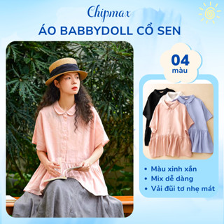  Áo Bầu Babydoll Cổ Sen Chipmax Áo Sơ Mi Cộc Tay Vải Đũi Tơ Mềm Mát Cài Cúc Xinh Xắn Phom Rộng - AB02 