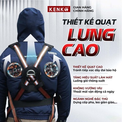 Áo điều hòa rời không pin quạt KENKO ô gắn quạt cao cho xây dựng, đeo đai an toàn, chất liệu kaki