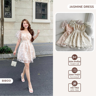 Đầm Xòe Tay Phồng Cổ Vuông Chất Liệu Voan Hoa Cao Cấp Jasmine Dress - BIBOO