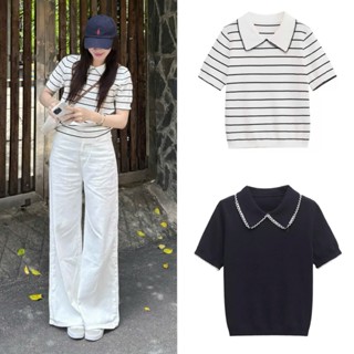 (ẢNH OLDSCHOOL) Áo len nữ mongtoghi mùa thu cổ polo viền ren cộc tay QC110