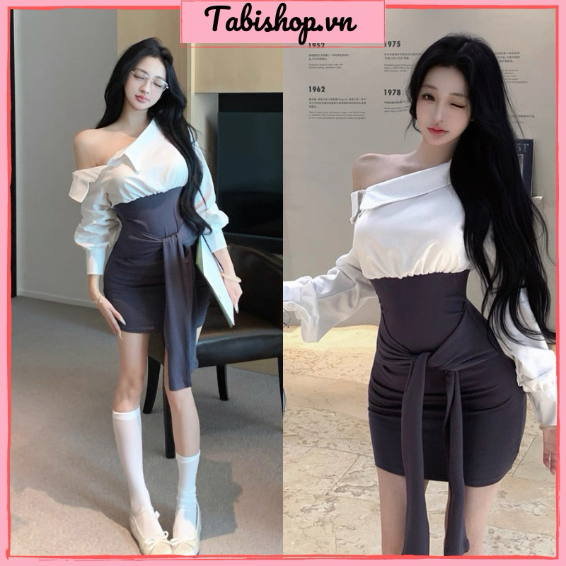 Đầm body sơ mi lệch vai tay dài TABISHOP Váy body nữ buộc dây eo lạ mắt đi học đi làm đi chơi(179) | BigBuy360 - bigbuy360.vn
