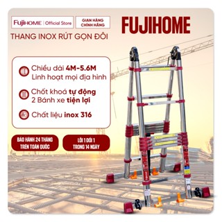 Thang nhôm rút đôi chữ A INOX  4.4M - 5M -5.6M nhập khẩu FUJIHOME,chốt khóa tự động an toàn, có bánh xe di chuyển