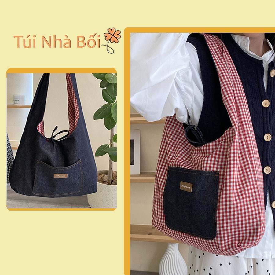 Túi Tote Vải Jean Caro Thời Trang Hàn Quốc – Túi Đeo Vai Nữ Đi Học, Đi Chơi – Túi Nhà Bối T02