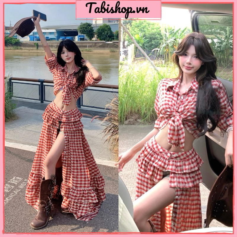 Set sơ mi croptop phối chân váy dài bèo tầng xẻ đùi caro đỏ TABISHOP Set đồ nữ sang chảnh mặc đi chơi du lịch(172) | BigBuy360 - bigbuy360.vn