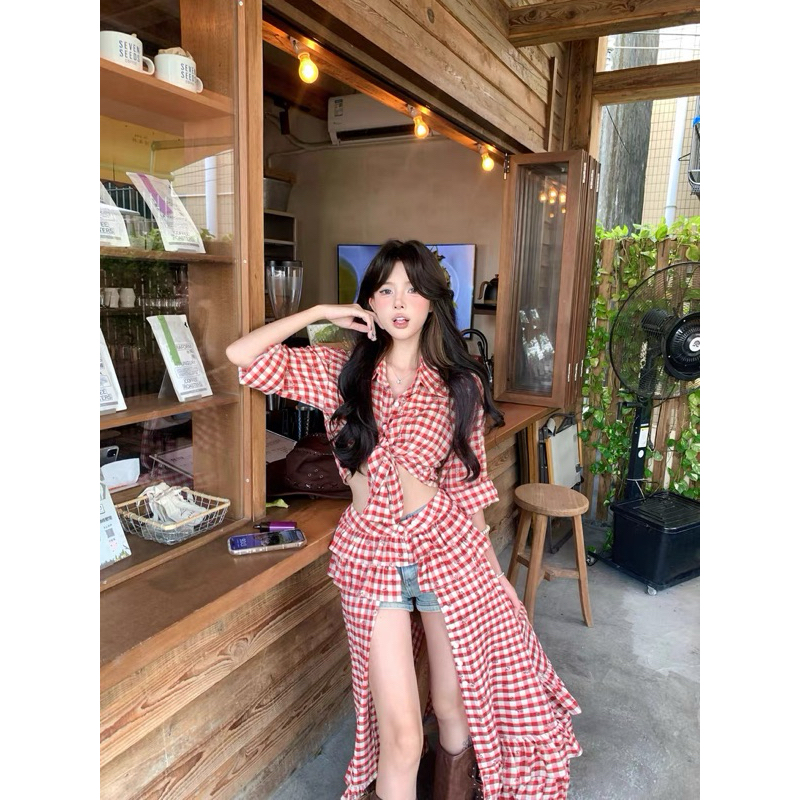 Set sơ mi croptop phối chân váy dài bèo tầng xẻ đùi caro đỏ TABISHOP Set đồ nữ sang chảnh mặc đi chơi du lịch(172) | BigBuy360 - bigbuy360.vn