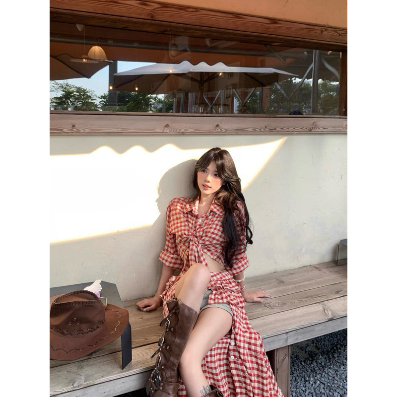Set sơ mi croptop phối chân váy dài bèo tầng xẻ đùi caro đỏ TABISHOP Set đồ nữ sang chảnh mặc đi chơi du lịch(172) | BigBuy360 - bigbuy360.vn