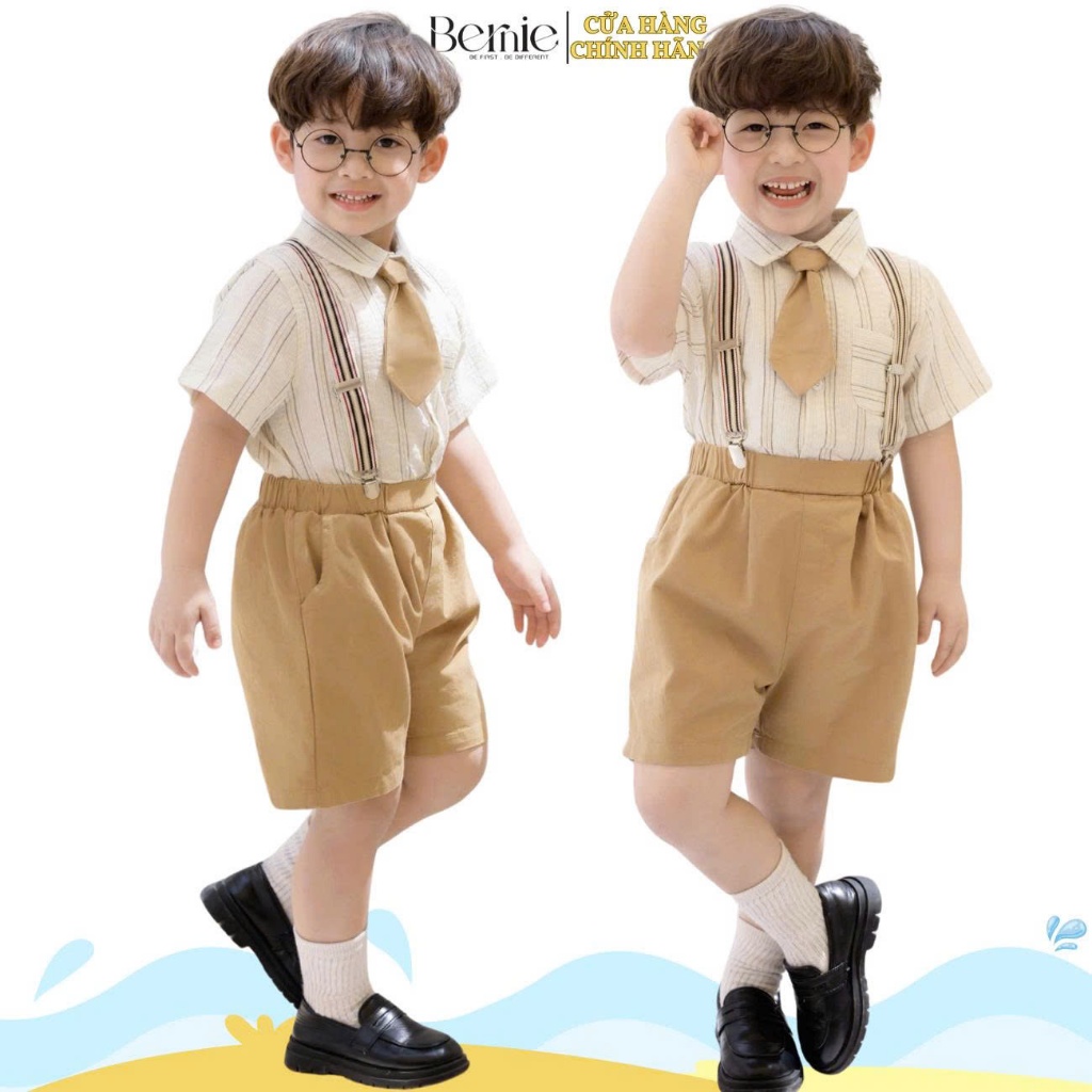 Set bộ sơmi công tử chất đũi kẻ 4 chi tiết quần short kèm đai kẹp và cà vạt 1 đến 6t BERNIE T1124B56