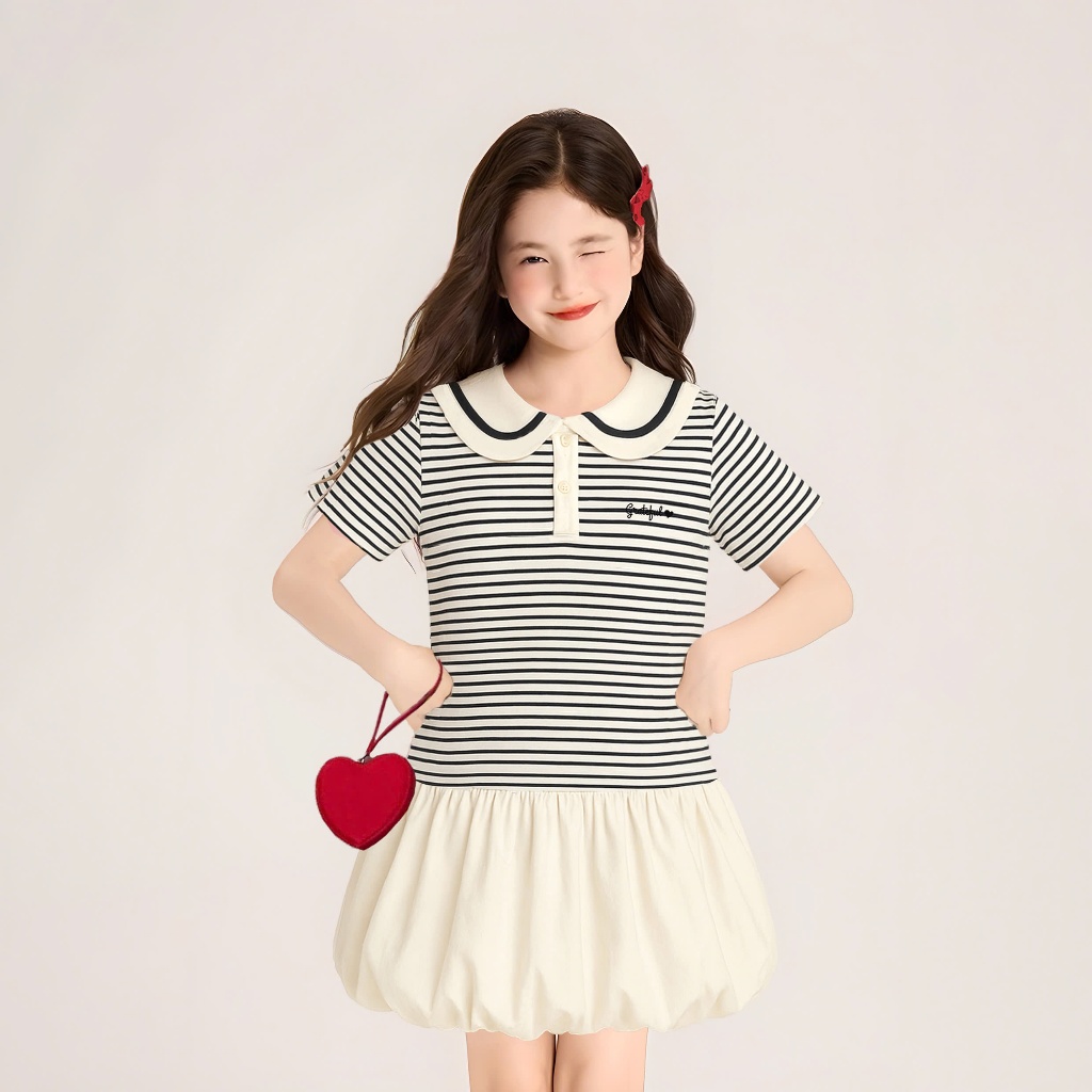 Đầm Bé Gái Form Bí Cổ Sen Tay Ngắn Sọc Phối Tùng Kate Xinh Xắn - Váy Bé Gái Nexxi