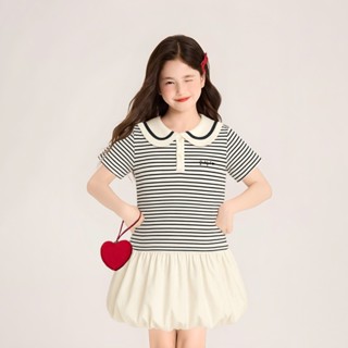 Đầm Bé Gái Form Bí Cổ Sen Tay Ngắn Sọc Phối Tùng Kate Xinh Xắn - Váy Bé Gái Nexxi