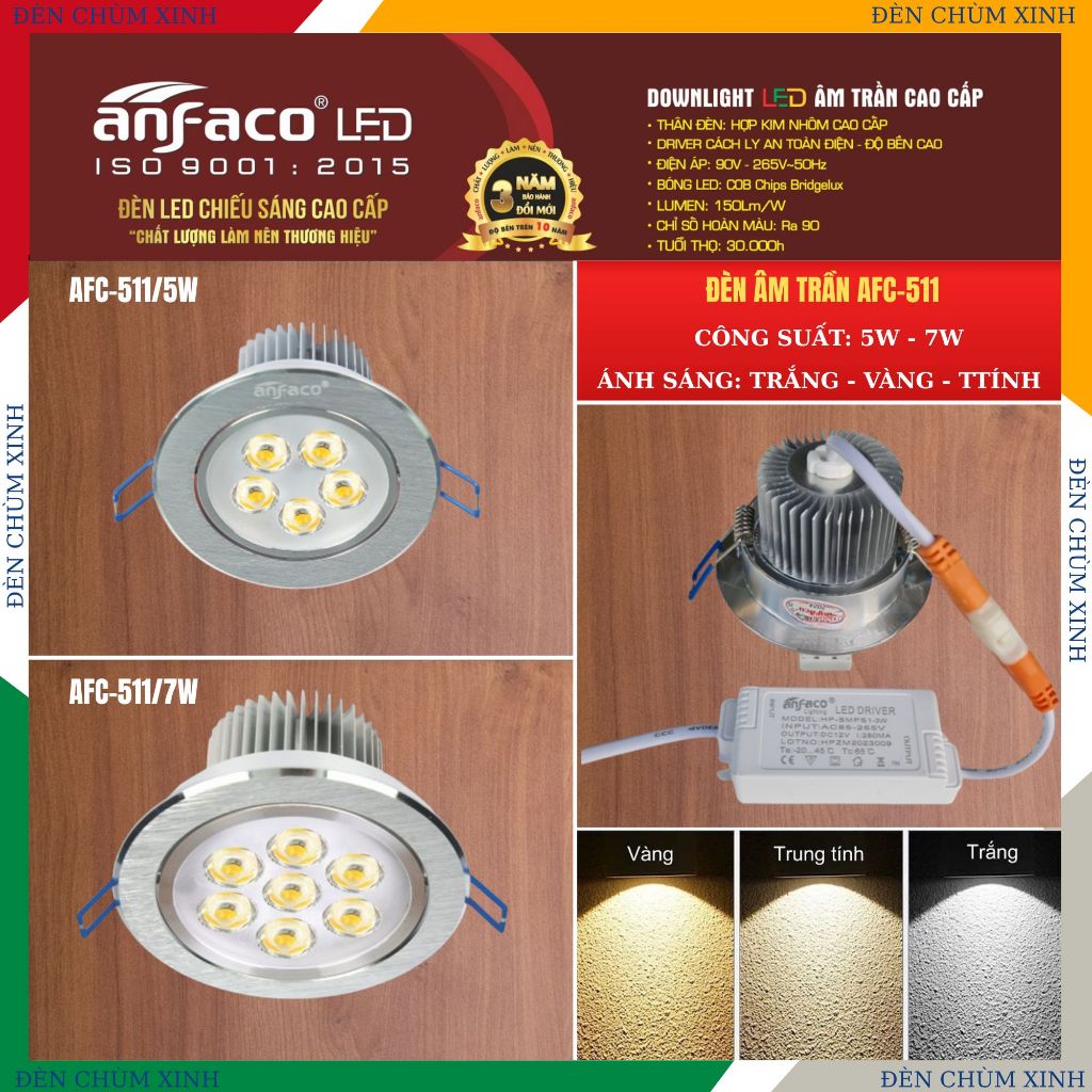 [ ĐÈN CHÙM XINH ] Đèn âm trần, đèn led downlight chính hãng(0526) ANFACO AFC-511/5W/7W màu bạc