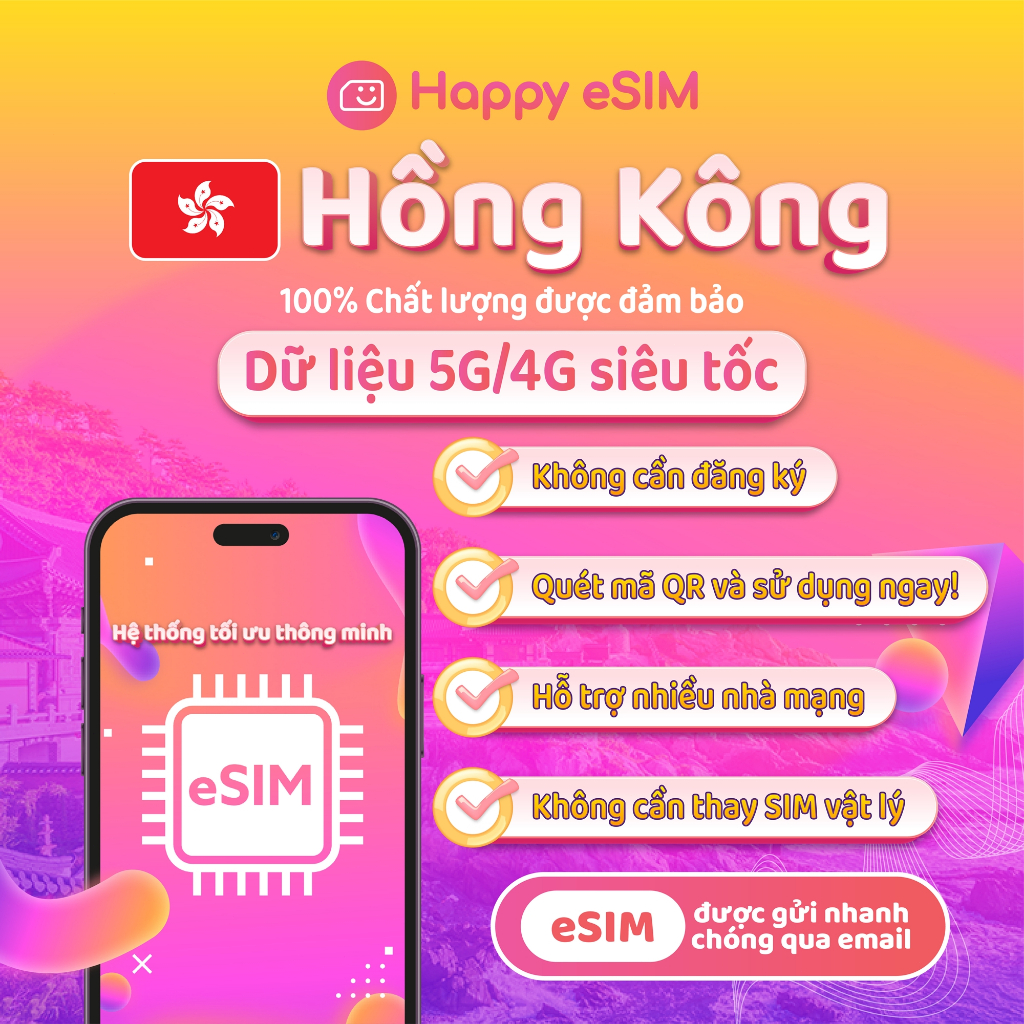 Happyesim eSIM Hồng Kông | Gói dung lượng 10GB–50GB | Gửi QR qua email