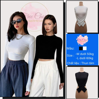 Áo croptop nữ tay dài chống nắng Freechoice áo thun cổ tròn trơn kiểu ôm body sexy