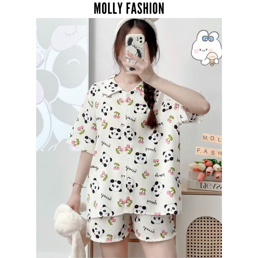 Đồ ngủ pijama nữ đũi xốp CHERRY form rộng | Bộ ngủ hoạt hình mặc nhà Molly Fashion