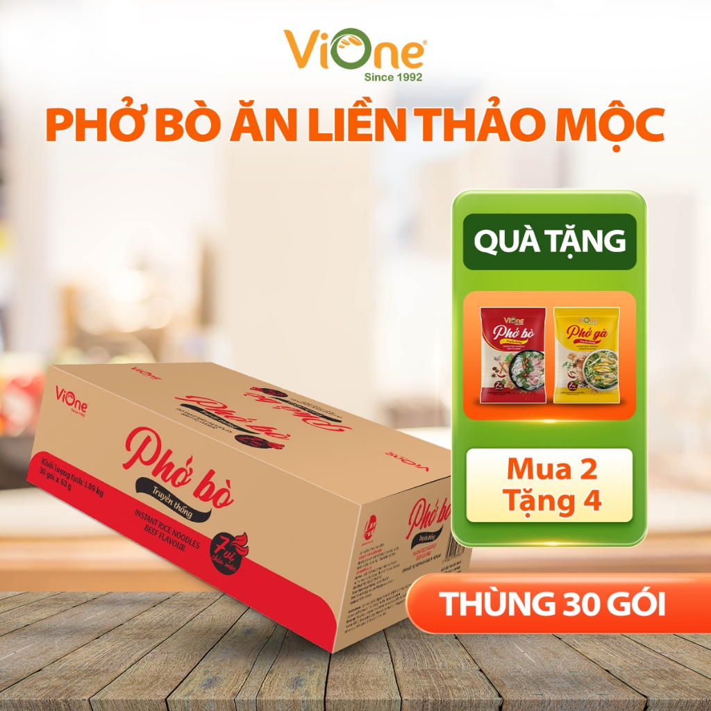 Thùng phở ăn liền ViOne, phở bò thảo mộc 30 gói tiện lợi, phở gói kèm gia vị bò thảo mộc chuẩn vị