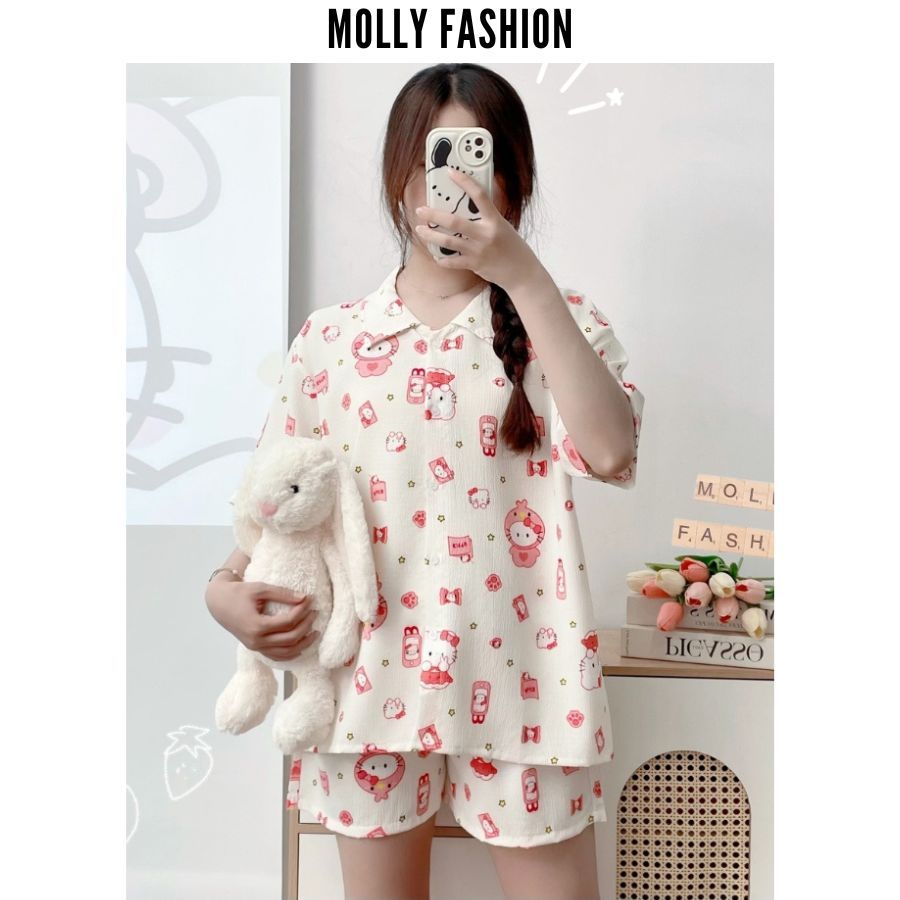 Đồ ngủ pyjama nữ đũi xốp/cotton hàn SELFIE form rộng | Bộ ngủ hoạt hình mặc nhà Molly Fashion