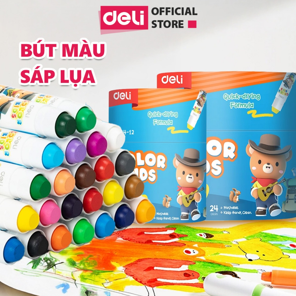 [HỌA CỤ DELI] Bút Sáp Màu Dầu Lụa Gấu Con Deli12/24 Màu Tươi Đậm Siêu Mịn Dễ Rửa Trôi An Toàn Trẻ Nh