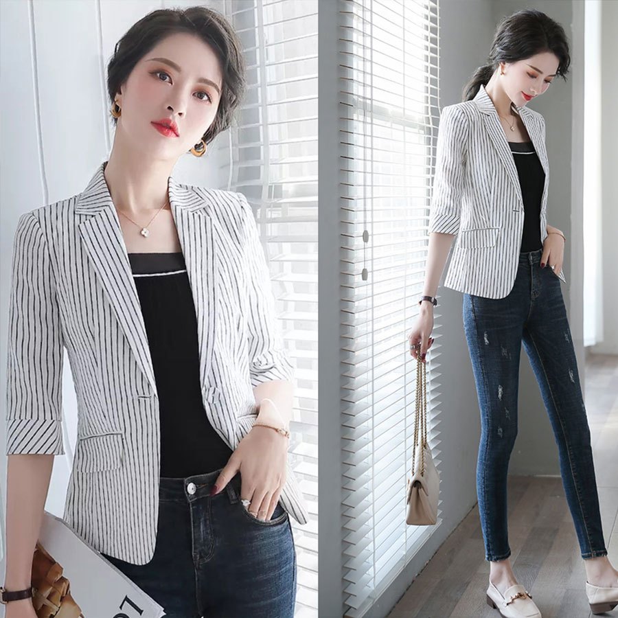 Áo vest nữ blazer tay lỡ kẻ sọc trắng thời trang BLZ0003 - DUKI STORE