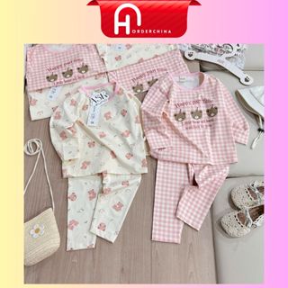 Set 2 bộ dài tay gấu kẻ caro tone màu hồng be chất cotton tàu co giãn cho bé gái - HNOrderChina