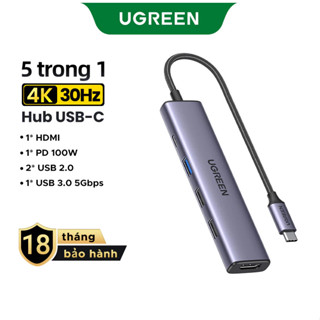 Hub USB Type-C 5 trong 1 ra HDMI 4K@30Hz, USB 2.0, USB 3.0, Sạc PD 100W Ugreen 15495, 60384, 45000 cao cấp
