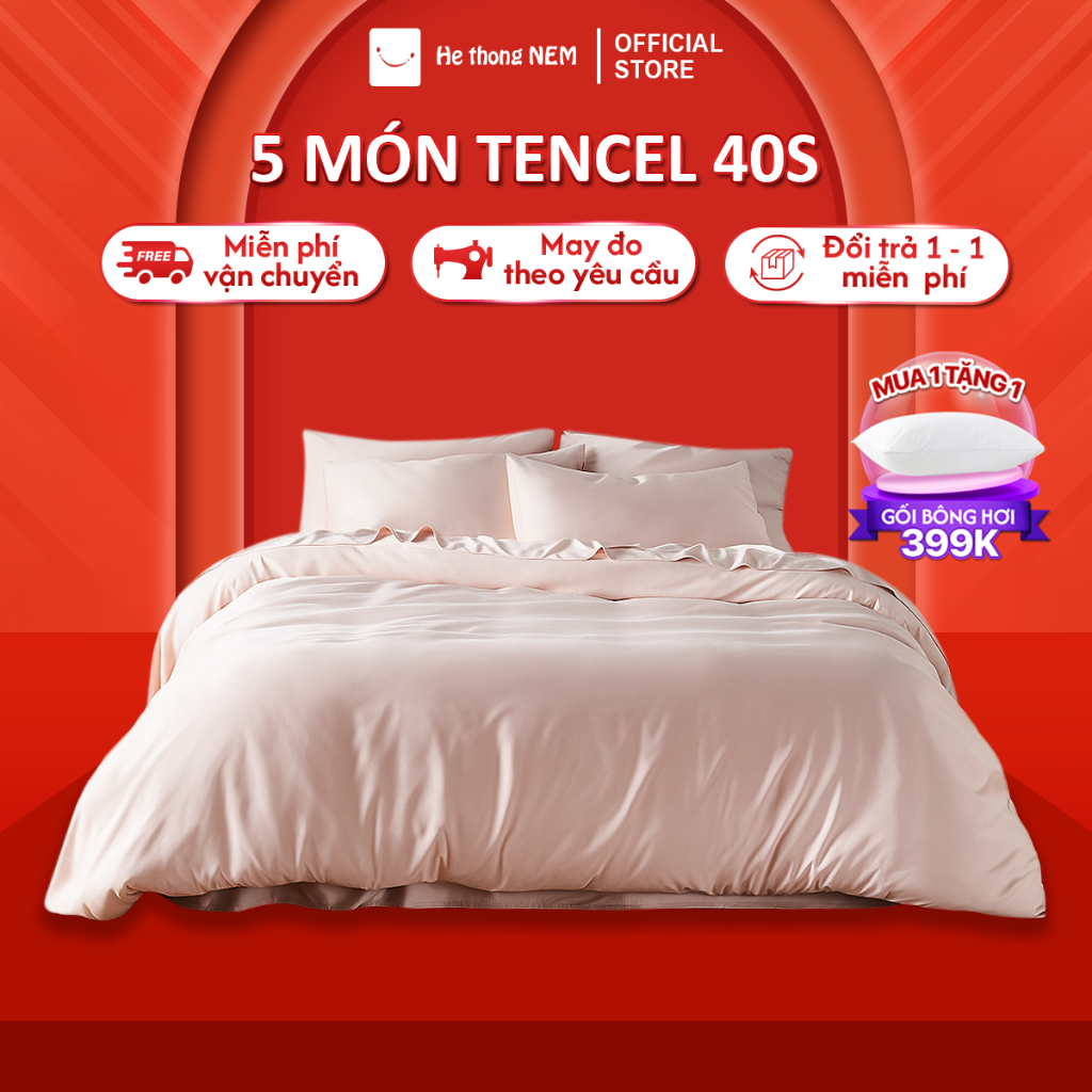 Chăn ga gối đệm 5 món Hệ Thống Nệm cao cấp Set bộ vỏ chăn ga ra gối nệm đệm 5 món lụa tencel cotton trải giường mùa hè