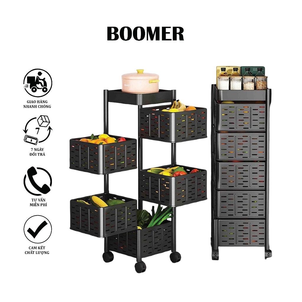Kệ đa năng vuông xoay 3,4,5 tầng BOOMER giá để đồ nhà bếp vuông kim loại có bánh xe di chuyển