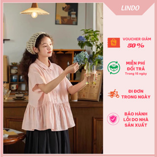 Áo bầu LINDO áo babydoll cổ sen tay ngắn vải đũi tơ mềm mát thấm hút mồ hôi mặc cả bầu và sau sinh