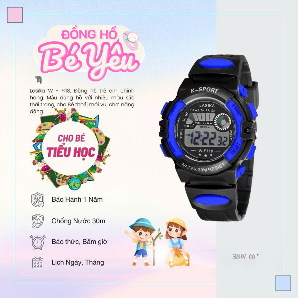 Đồng Hồ Trẻ Em Chính Hãng F118 | Điện Tử, Đèn Led, Chống Nước 30M | Bền Bỉ, Tiết Kiệm | Cho Bé Trai