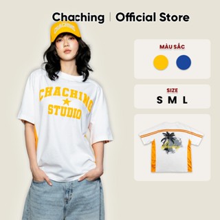 Áo Thun Unisex In Hoạ Tiết Cây Dừa Thêu Nổi Logo ChaChing, Áo Phông Nam Nữ Form Oversize Chât Thun Cotton Mềm Mại