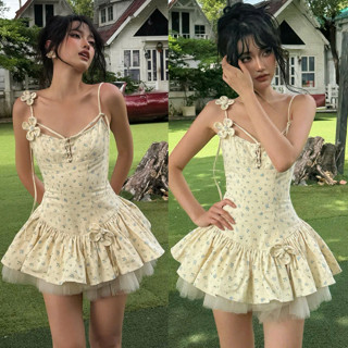 Váy 2 Dây Cúp Ngực Phối Lưới Dáng Xòe Bánh bèo MELLYSTORE  Chất kaki in Hoa nhí Cao Cấp Đẹp Quyến Rũ ,Sang Trọng