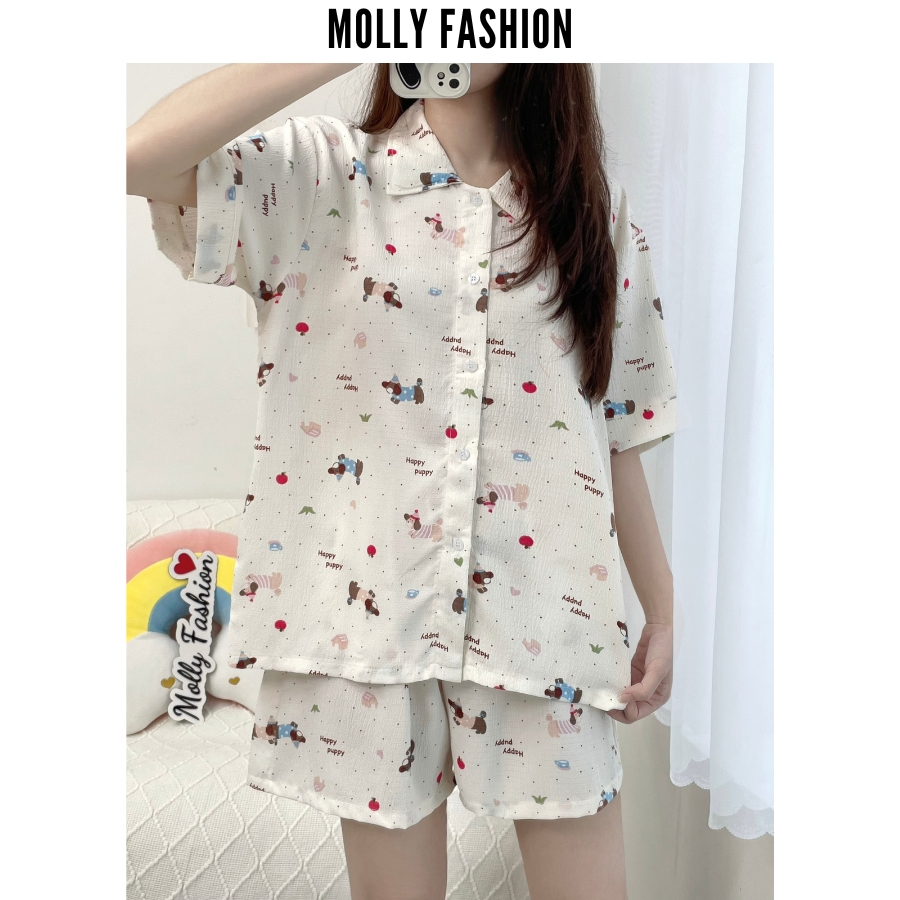 Đồ ngủ pijama nữ đũi xốp LẠP XƯỞNG form rộng | Bộ ngủ hoạt hình mặc nhà Molly Fashion