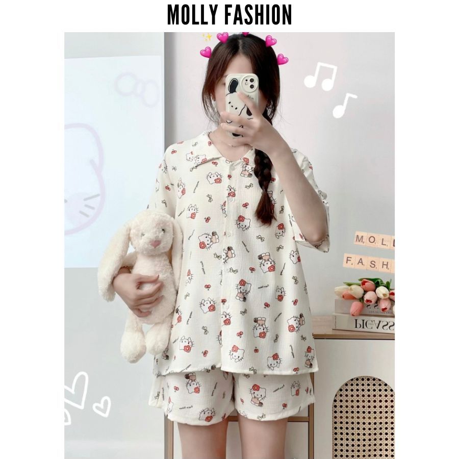 Đồ ngủ pijama nữ đũi xốp TINY KITT form rộng | Bộ ngủ hoạt hình mặc nhà Molly Fashion