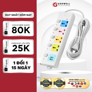  COMBO Ổ cắm điện đa năng + Tấm Treo ổ GODWELL dây dài 2.5M kèm cổng USB chống giật chịu tải 2500W 